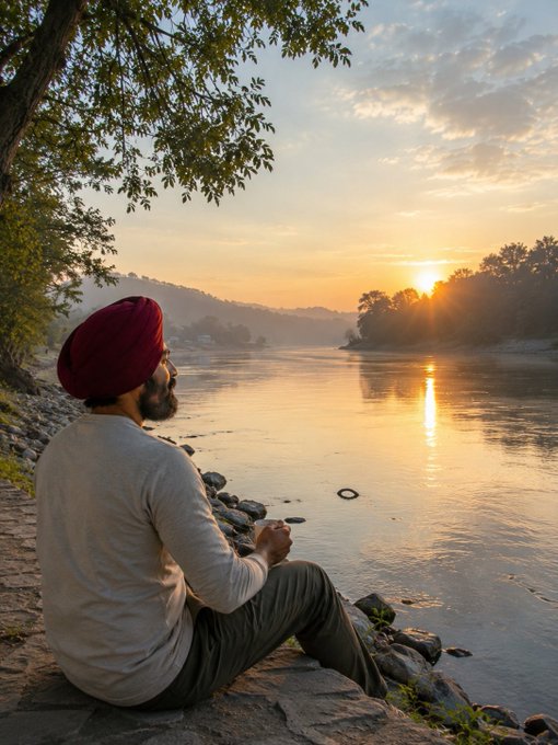 A man wearing a maroon turban and beige sweater sits peacefully on rocky riverbank stones at sunset, gazing across a calm river toward distant hills.