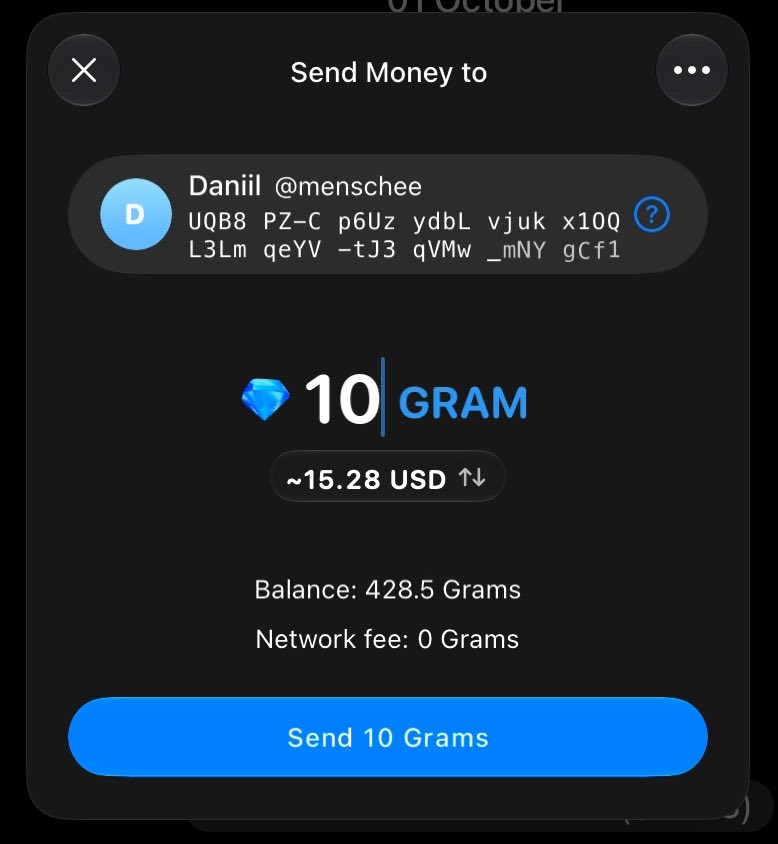 The image shows a Telegram "Send Money to" screen for sending 10 GRAM (~$15.28 USD) to user "Daniil @menschee" with a balance of 428.5 Grams and zero network fee. It illustrates the post's claim about Telegram's sleek, polished UI animations and crypto payment integration that the user feels surpasses Apple's design aesthetic.