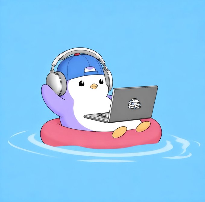A cute cartoon penguin wearing a blue backwards cap and large headphones, floating on a pink pool ring while using a laptop with a disco-ball sticker on it, against a light blue background.