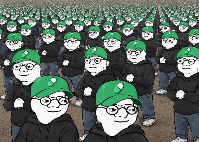 A massive crowd of identical cartoon figures wearing green caps, glasses, and black hoodies stretches into the distance, visually representing a flood of enthusiastic memecoin participants "lining up" on Pump.fun. The image satirically illustrates the overwhelming influx of traders joining the platform, reinforcing the "callooors lining up" caption with a sea of uniform "degenerates" ready to ape in.