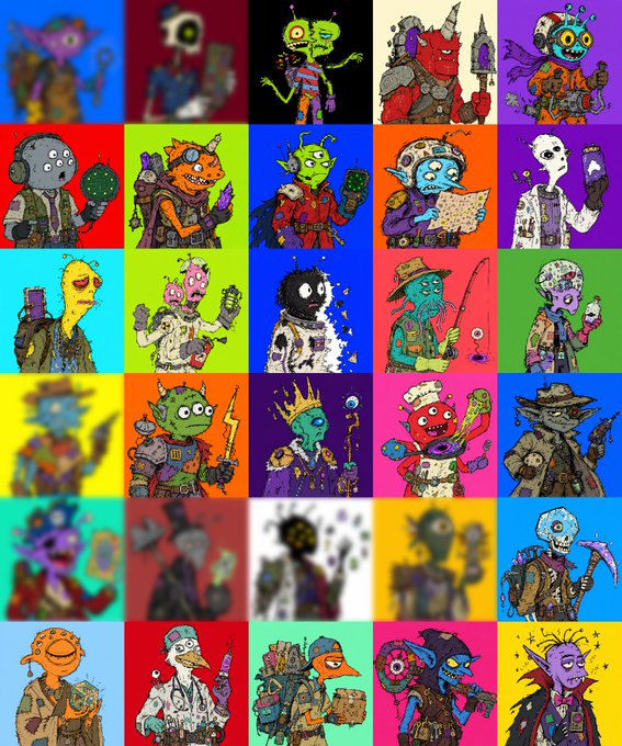 A grid of colorful pixel art characters depicting various zombie-like and monster figures with different outfits and accessories against vibrant backgrounds.