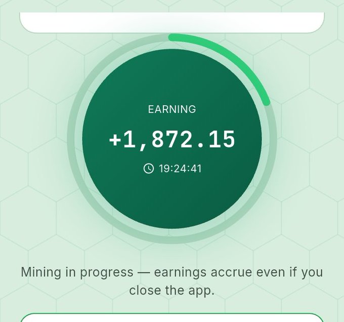 A green-themed cryptocurrency mining app interface showing 'EARNING +1,872.15' with a 19:24:41 timer and the text 'Mining in progress — earnings accrue even if you close the app.'
