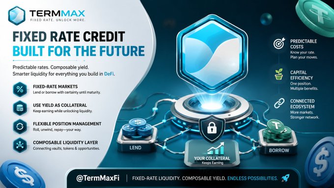 TermMax promotional graphic advertising 'Fixed Rate Credit Built for the Future,' highlighting predictable costs, capital efficiency, and a composable liquidity layer with features like fixed-rate markets and flexible position management, tagged @TermMaxFi.