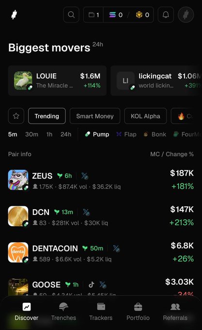 A screenshot of the Trady.xyz app displaying its "Biggest movers" section, highlighting trending tokens like LOUIE (+114%), lickingcat (+391%), ZEUS (+181%), DCN (+213%), DENTACOIN (+26%), and GOOSE. The image showcases the app's "Trending" filter and pair info dashboard, illustrating how it surfaces early movers—supporting the claim that the platform acts as a "cheat code" for spotting coins before they trend widely.