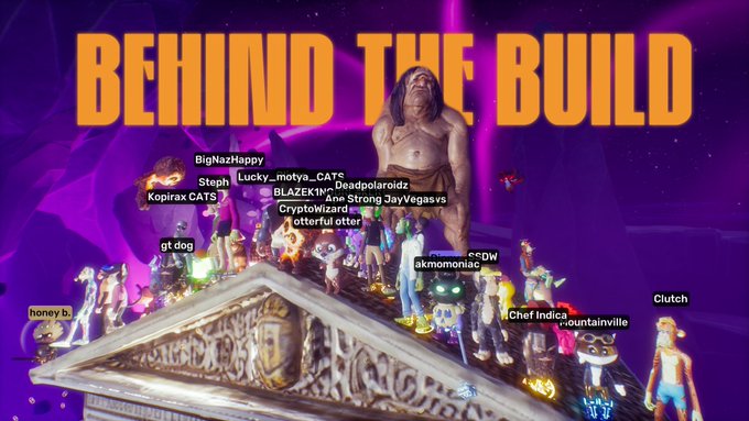 A screenshot from a video game or virtual environment showing numerous player avatars gathered on a pedestal under the large orange text 'BEHIND THE BUILD'.