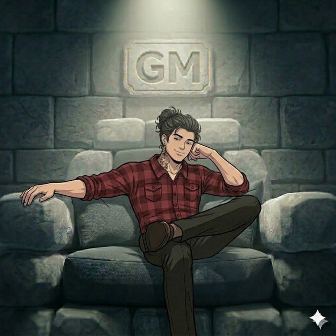 The image features a man sitting on a chair, wearing a red plaid shirt with his legs crossed. The background of the image shows a stone wall or a brick wall, giving an impression that he's in a room made of these materials. There is also a logo present in the scene, which reads "Gm". This suggests that the man might be associated with a gaming company or platform called GM.