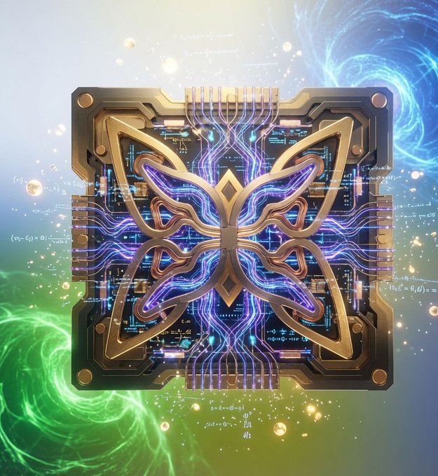 A digital illustration of a glowing, ornate butterfly-shaped circuit board or processor emitting blue and purple electrical energy and mathematical equations.