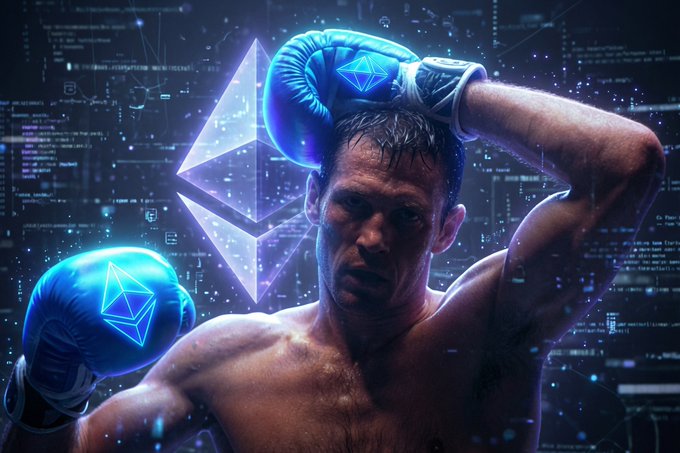 A determined boxer wearing blue Ethereum (ETH)-logo gloves poses in front of a glowing ETH symbol and digital code, visually symbolizing resilience and fighting spirit as a metaphor for holding ETH through potential price drops down to $1,200, with the post predicting a future surge to $15,000+.