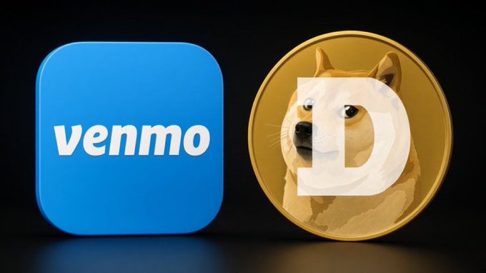 The image shows the blue Venmo app logo next to a gold Dogecoin (DOGE) featuring the Shiba Inu dog, illustrating the announcement that Dogecoin trading is now available on Venmo's platform with access to over 100 million active accounts.