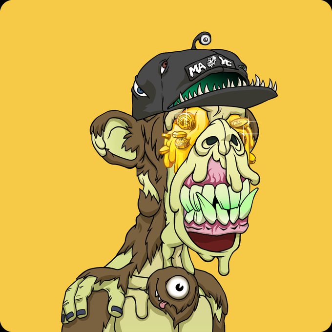A cartoon-style illustration of a grotesque zombie-like monkey character wearing a dark cap with 'MAX' text, featuring gold teeth, dripping green slime, and one eye on its chest against a yellow background.