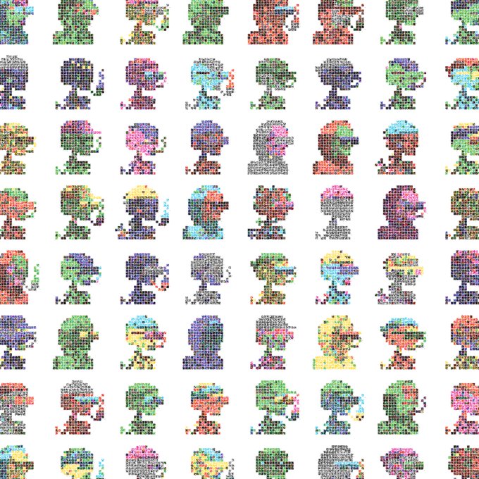 A grid of colorful, pixelated character portraits, each composed of small colored blocks forming unique figures.