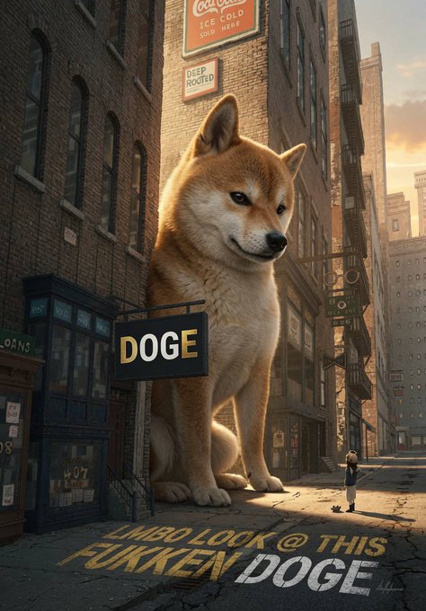 A giant Shiba Inu ("Doge") sits towering over a city street next to a "DOGE" sign, with the words "LMBO LOOK @ THIS FUKKEN DOGE" painted on the pavement below, visually emphasizing the post's hype about $OgDoge as a major upcoming memecoin.