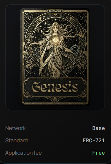 A digital wallet interface displaying an ornate, golden NFT titled 'Genesis', with details including Network: Base, Standard: ERC-721, and Application fee: Free.