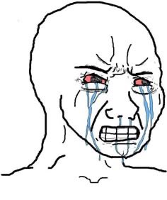 A "Wojak" meme face crying with red, bloodshot eyes and gritted teeth in anguish, perfectly illustrating the emotional turmoil and frustration of a crypto trader who experienced wild volatility from $200 to over $1k only to end up breaking even.