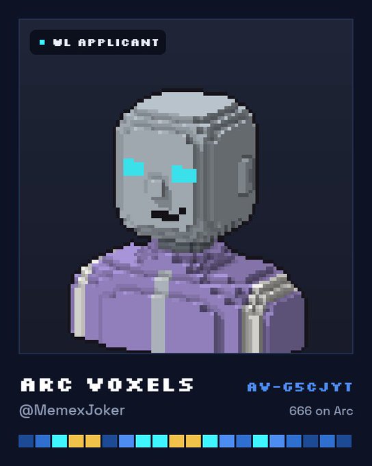 A pixel art profile card labeled 'WL APPLICANT' and 'ARC VOXELS' by @MemexJoker, featuring a grey robot-like character with cyan eyes wearing a purple jacket, with the ID 'AV-GSCJYT' and '666 on Arc'.