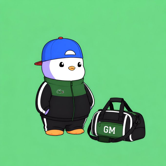 The image features a cartoon penguin wearing a black and white tracksuit, standing next to a green bag with "GM" written on it. The penguin appears to be posing for the photo while holding onto the bag. The background of the image is a solid green color that contrasts with the white and blue elements in the scene. The post reads: "GM Legends Happy Wednesday!".
