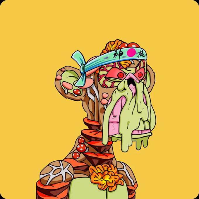 A grotesque, cartoonish Mutant Ape Yacht Club character is depicted with sushi-themed elements, including a green wasabi-like substance dripping from its mouth and a hachimaki headband featuring the Japanese flag and the characters "神威" (divine spirit/might). The illustration ties into the "NEW MAYC Sushi & clean" post by showcasing a sushi-inspired NFT art piece blending Japanese culinary themes with the iconic mutant ape aesthetic.