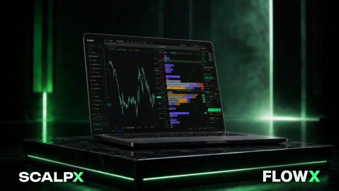 A laptop displaying a trading platform with charts and order books sits on a glowing green platform, branded with "SCALPX" and "FLOWX" text, visually emphasizing the post's message about traders—particularly whales—leveraging precise, basis-point-level execution efficiency on platforms like FlowX to maximize savings on high-volume trades.