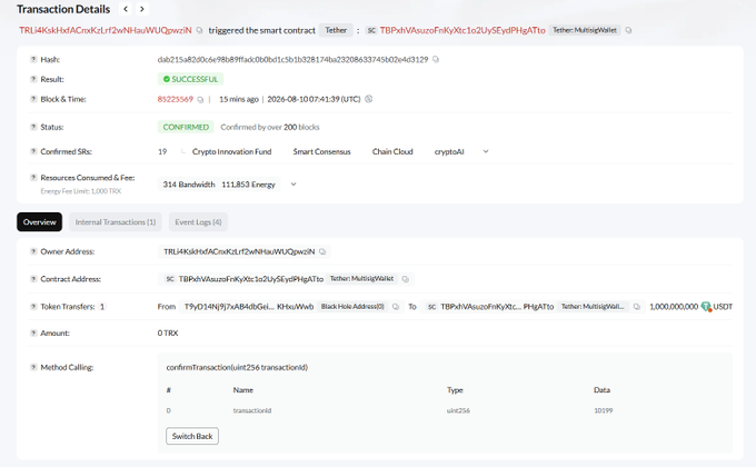 A 'Transaction Details' page showing a successful smart contract trigger on the Tether:MultisigWallet, confirming 1,000,000,000 USDT transfer between addresses with 131.853 Energy consumed.