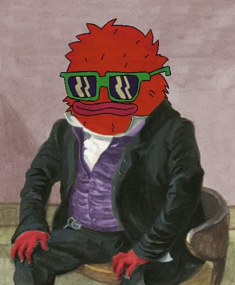 A pepe-style character with a red fuzzy head, green sunglasses, and Victorian attire sitting on a wooden chair against a muted background.