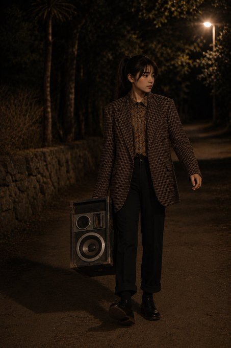 A woman in a brown houndstooth blazer walks down a dimly lit road at night, carrying a vintage boombox.