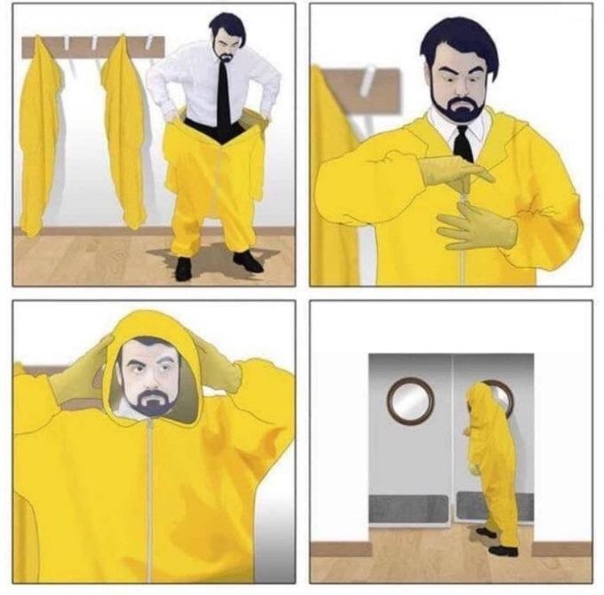 A four-panel illustration shows a bearded man in a white shirt and tie stepping into a yellow hazmat suit, zipping it up, pulling the hood over his head, and walking through a set of double doors into a containment area. The image humorously depicts someone "suiting up" for protection, satirizing the post's lament of buying the wrong NFTs as if preparing to enter a hazardous zone.