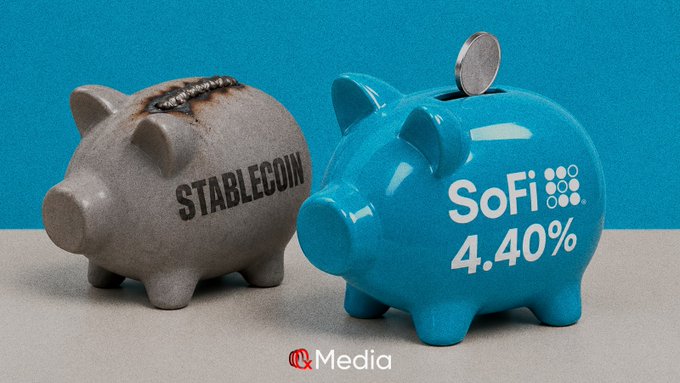 Two piggy banks on a blue background, one labeled “STABLECOIN” and the other “SoFi 4.40%,” with an IQMedia watermark.
