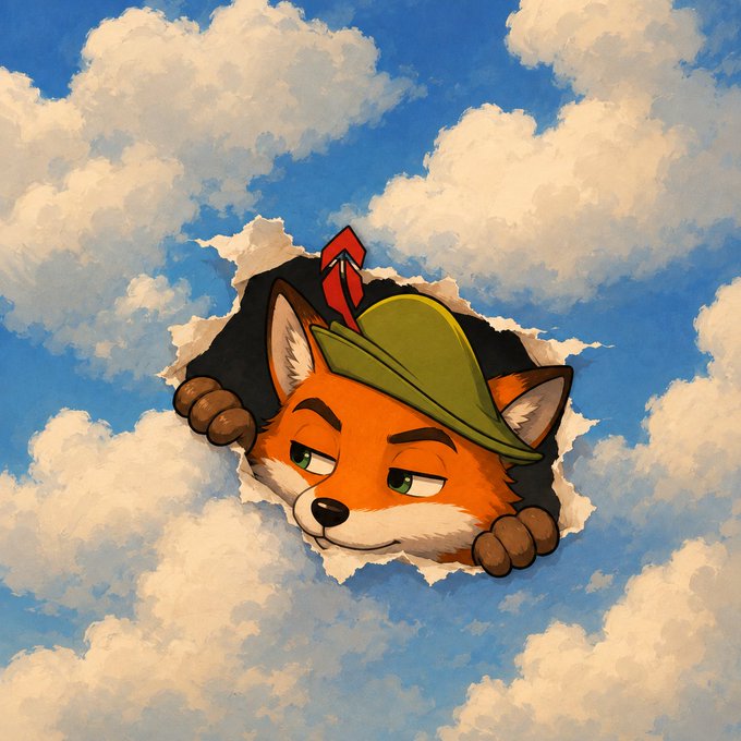 The image shows Fox McCloud, the iconic Nintendo character, peering through a torn hole in a cloudy sky, with the caption "Straight outta the clouds and into the trenches" humorously framing his dramatic entrance. The reference ties into the post's playful "out of the clouds" tagline, evoking Fox's signature Arrivals and Departures (Arwings) from the Star Fox series as he ventures into new territory.