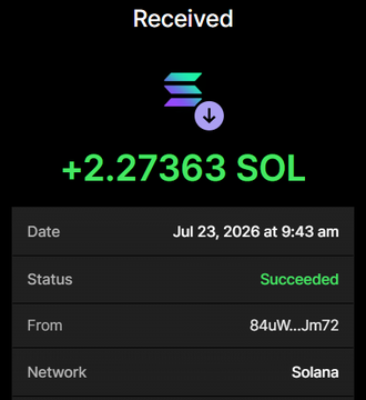 A mobile screenshot shows a successful Solana wallet transaction confirming receipt of **+2.27363 SOL** from wallet **84uW...Jm72** on July 23, 2026, serving as proof of the 2.27 SOL payment used to acquire 23.87 million $NOBULL tokens as described in the presale post.