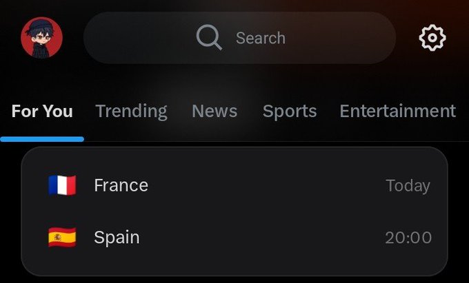 A dark-themed app interface displays a "For You" sports feed showing an upcoming match between France and Spain scheduled for 20:00 today, along with navigation tabs for Trending, News, Sports, and Entertainment. The image accompanies a post referencing the France vs. Spain matchup, with the user humorously tying the game's stakes to buying $SOL.