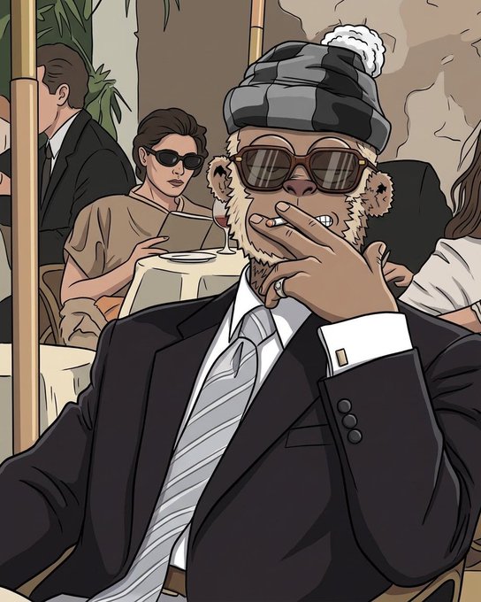An illustrated monkey wearing a suit, tie, sunglasses, and a beanie smokes a cigar in the foreground, while people sit at a table in the background. The image humorously mirrors the post's message about jumping erratically between blockchains (Solana, Robinhood, BNB, Base), with the smoking, suited monkey representing the volatile, "unstable behavior" of chasing the next chain.