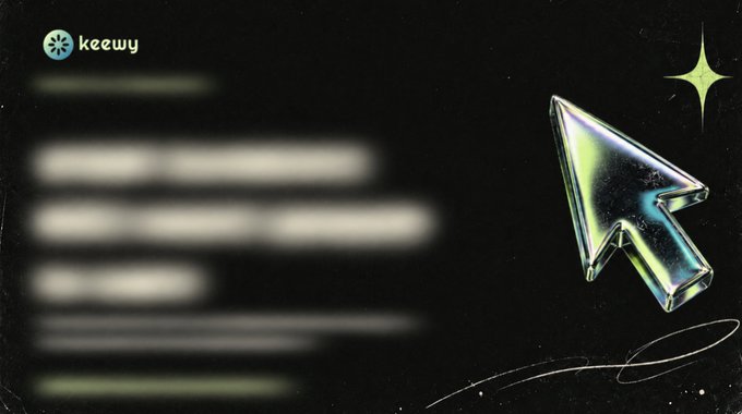 A dark-themed digital interface or graphic design featuring a glowing 3D cursor arrow, decorative star elements, the 'keewy' logo in the top left, and blurred lines suggesting hidden text content.