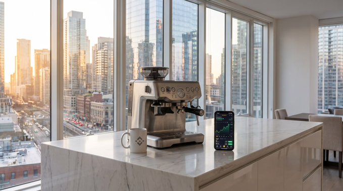A stainless steel espresso machine sits on a white marble countertop next to a smartphone displaying a stock chart, with a city skyline visible through floor-to-ceiling windows in the background.