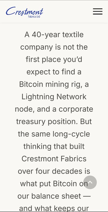 A screenshot from Crestmont Fabrics Ltd's website discussing their Bitcoin mining rig, Lightning Network node, and corporate treasury position, noting that 40 years of textile business long-cycle thinking put Bitcoin on their balance sheet.