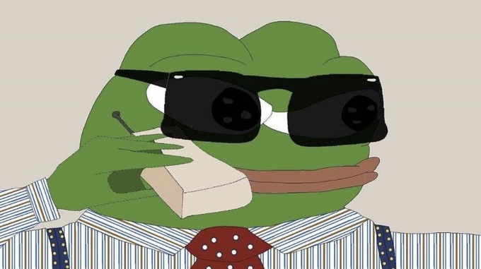 A cartoon illustration of a frog wearing black sunglasses, a striped shirt, suspenders, and a polka-dot tie, holding a vintage corded telephone receiver to its ear.