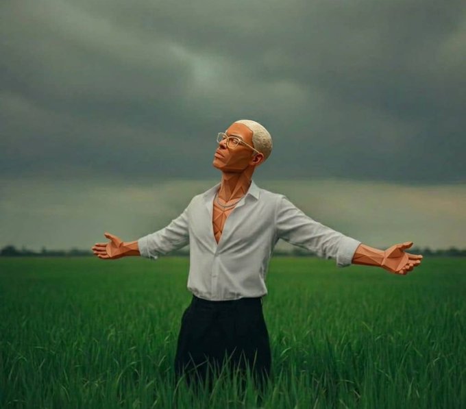 A 3D-rendered illustration of an older man with white hair and glasses, wearing a white shirt and dark pants, standing in a grassy field with arms outstretched and looking up at a cloudy sky.