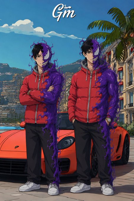 An anime-style illustration showing two characters with symbiote-like purple substance on their faces and shoulders, wearing red hoodies and black pants, standing in front of an orange sports car with 'Gm' text at the top.