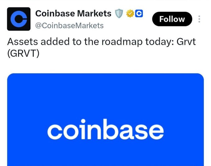 A tweet from Coinbase Markets (@CoinbaseMarkets) reading 'Assets added to the roadmap today: Grvt (GRVT)' above the blue Coinbase logo.