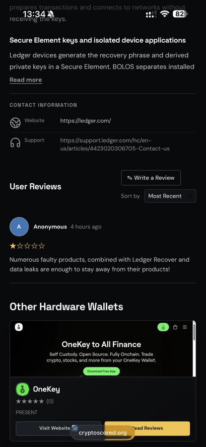 A mobile screenshot of a Ledger hardware wallet review page, featuring a 1-star anonymous review warning about faulty products and data leaks, along with contact information and an ad for OneKey.