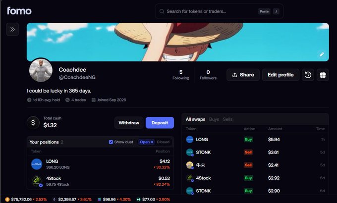 A Fomo trading platform profile page for user "Coachdee" (@CoachdeeNG) showing a bio "I could be lucky in 365 days," with positions in LONG and 4$token, and recent swaps involving LONG, $TONK, 牛牛, and 4$token.
