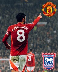 A Manchester United player wearing jersey number 8 celebrates with arms outstretched during a match, with the club's red crest and a Premier League logo overlaid on the image.