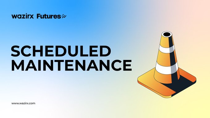 The image is a "Scheduled Maintenance" announcement graphic from WazirX Futures, featuring an orange traffic cone illustration on a blue-to-peach gradient background, informing users of a maintenance window on August 23rd from 3:30 to 5:30 AM IST during which Futures trading functions will be temporarily unavailable.