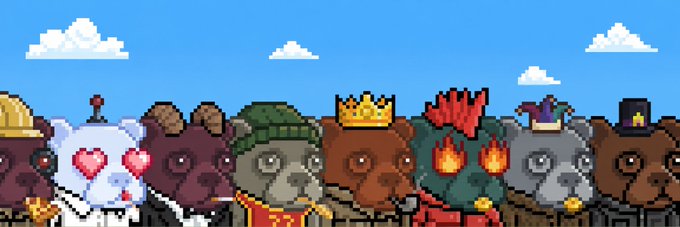 A pixel art illustration featuring a lineup of various crowned bears and animals against a blue sky with clouds.