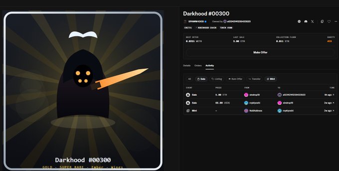The image displays the OpenSea listing page for "Darkhood #00300" from the SpawnHoods NFT collection, showing its current best offer of 8.05 ETH and last sale of 5.00 ETH by user tan8914, alongside an illustrated hooded character wielding a sword. The listing directly supports the post by highlighting the 5 ETH (~12k USD) purchase of the Darkhood NFT, with the activity tab confirming tan8914's recent buy.