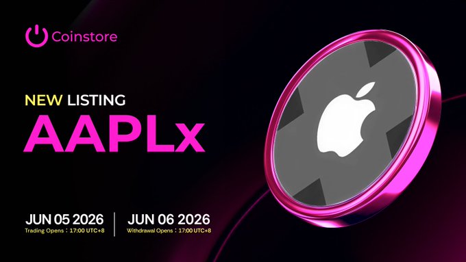 The image features a pink circle with an apple logo, which is the main focus of the poster. The text "New listing AAPLx/USDT Trading Pair @xStocksFi" is written below the circle, indicating that there might be a new listing for Apple's stock on the CoinStore platform. The poster also includes information about when and where to deposit funds, as well as details about the trading pair being offered by the CoinStore.