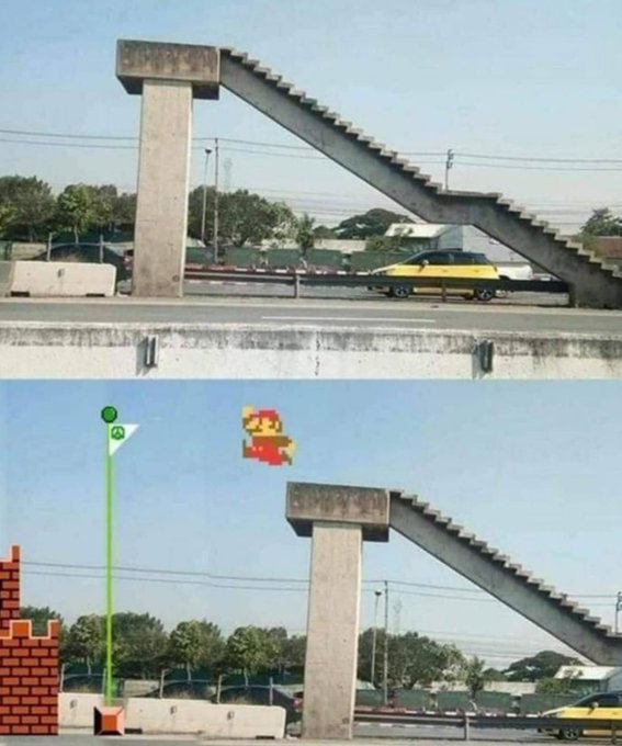 A two-panel meme transforming an image of an unfinished concrete staircase bridge into a level from the classic Super Mario Bros. video game, complete with Mario, a flagpole, bricks, and a Piranha Plant.