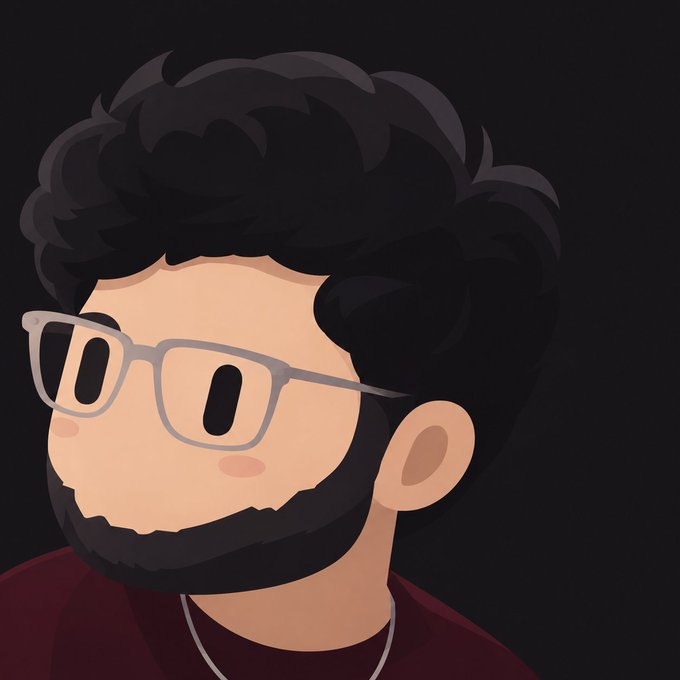 A cartoon-style digital portrait of a bearded young man with curly black hair and gray-framed glasses, wearing a maroon shirt, set against a dark background. The image serves as a profile picture (PFP) example, illustrating the kind of avatar the $GROK community is encouraging members to add to their growing "Bot Chain" family portrait.