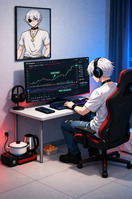 Anime-style character with white hair and headphones sits at a computer desk trading cryptocurrency, with a framed picture of themselves on the wall behind the monitor.