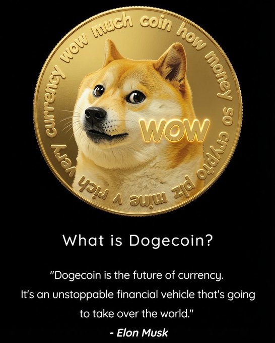 A gold Dogecoin coin featuring the iconic Shiba Inu dog and the text "wow much coin how money so crypto plz mine v rich v currency" appears above a quote attributed to Elon Musk calling Dogecoin "the future of currency" and an unstoppable financial vehicle. The image reinforces the post's argument that $DOGE's low fees and fast transactions make it ideal for everyday purchases like a Costco hotdog, positioning it as superior to Bitcoin for real-world use.