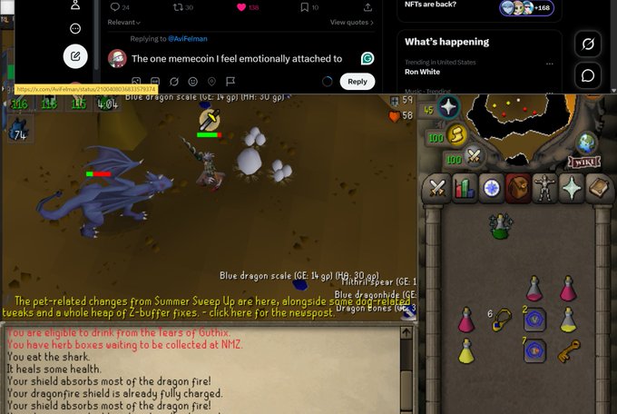 A composite screenshot showing a Twitter/X post by @NoLifeman featuring the "one memecoin I feel emotionally attached to" alongside a clip of Old School RuneScape gameplay depicting a blue dragon fight, plus a "What's happening" sidebar.